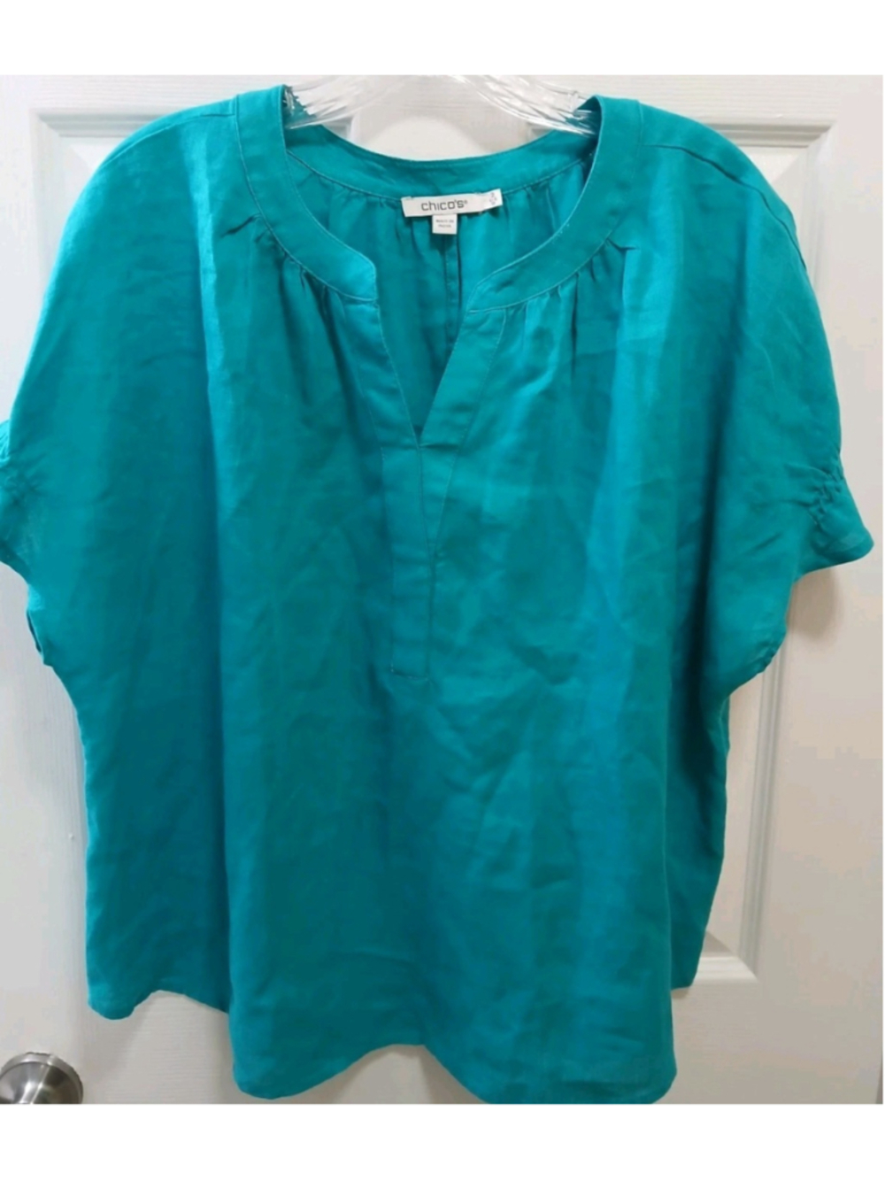Chico's Womens Sz 2 (12) 100% Linen Teal Blue Split-Neck Popover Blouse Coastal